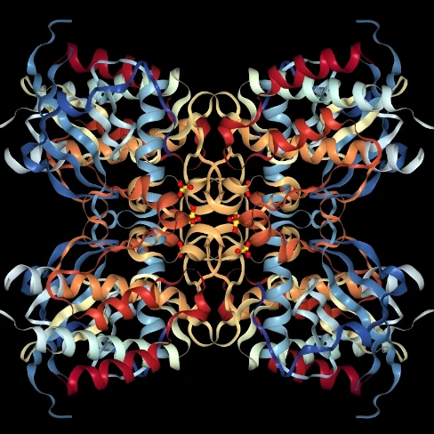 A 3D ribbon rendering of the FGFR2 protein target, with alpha-helices and beta-sheets coloured by secondary structure on a black background.